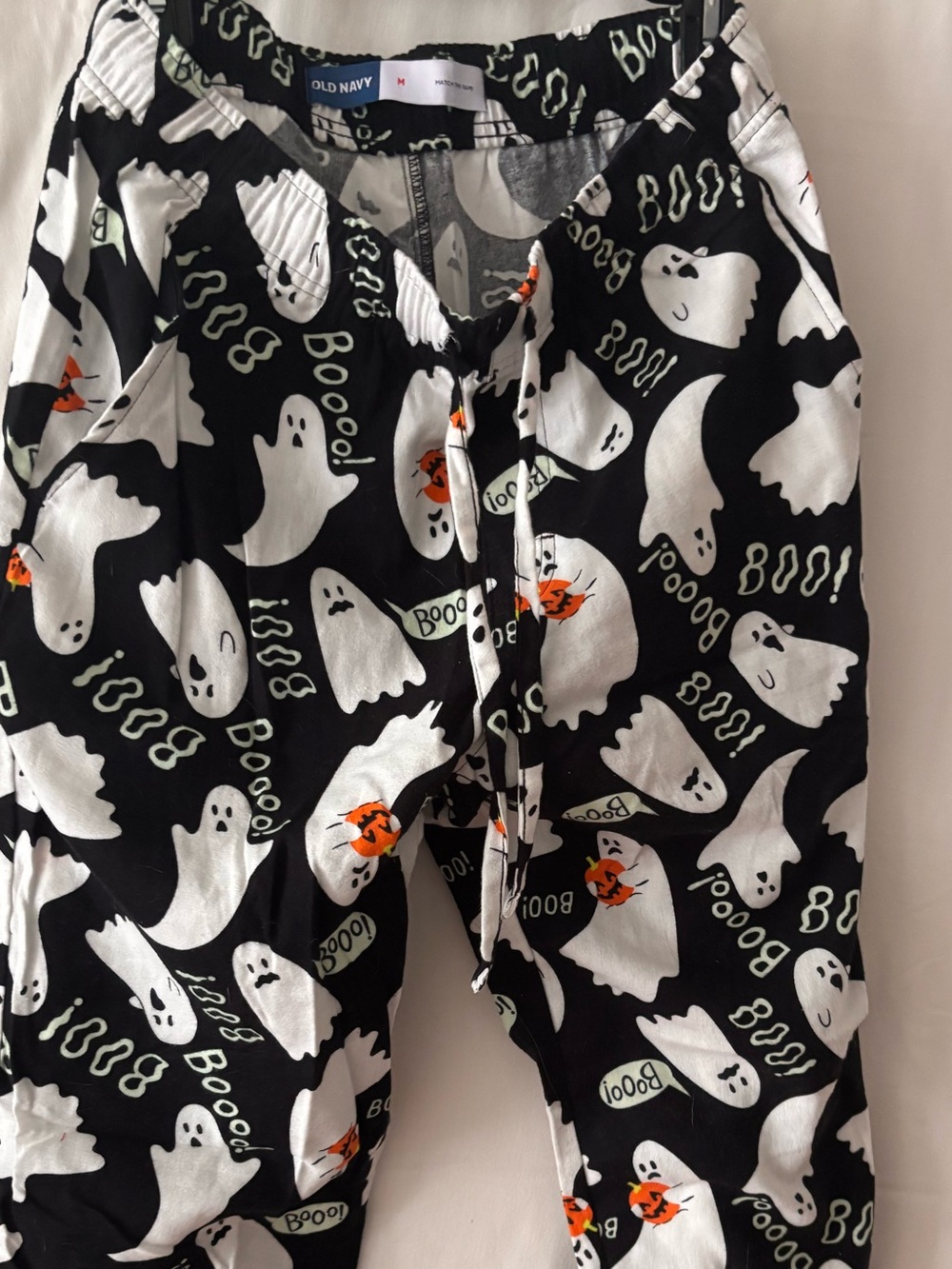 Old Navy Black Ghost Print Kids Pajama Bottoms with Orange Pumpkin Accents